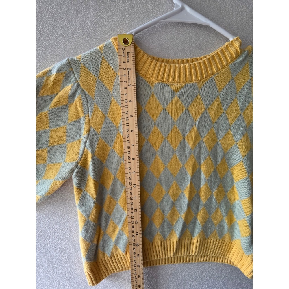 Forever 21 Womens Argyle Knit Short Sleeve Sweater Yellow Mint Green Small 0553 - Picture 7 of 8